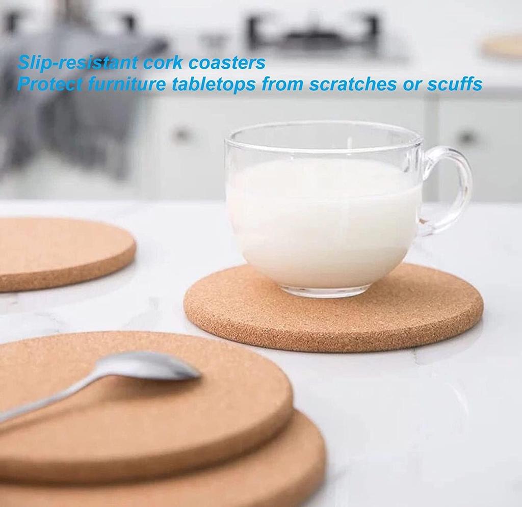 Stylish cork coasters, 5mm thick, 10cm diameter, round, pack of 100. Heat-resistant, non-slip, and perfect for coffee tables. A warm gift for home