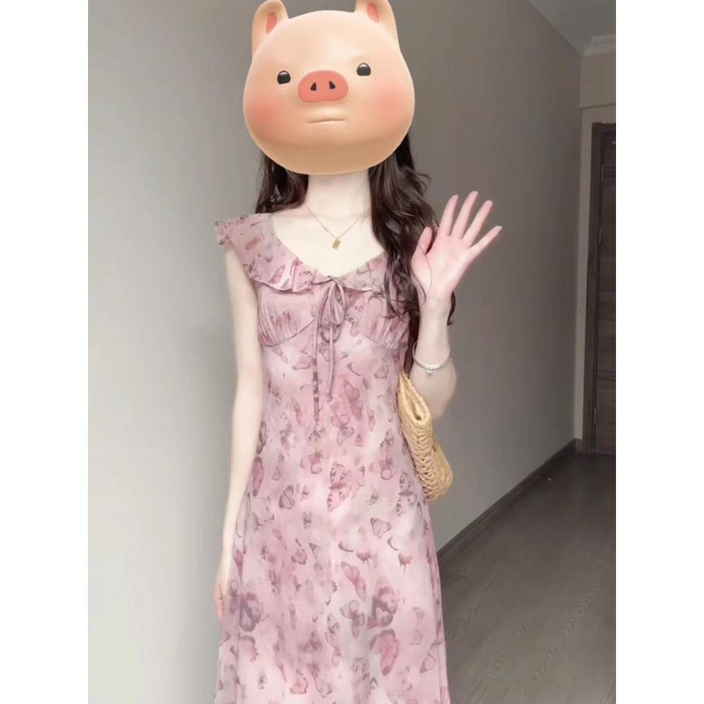 

waist slim and thin butterfly print lotus leaf edge holiday dress children pure leisure temperament dress XL- (recommended 110-60kg)