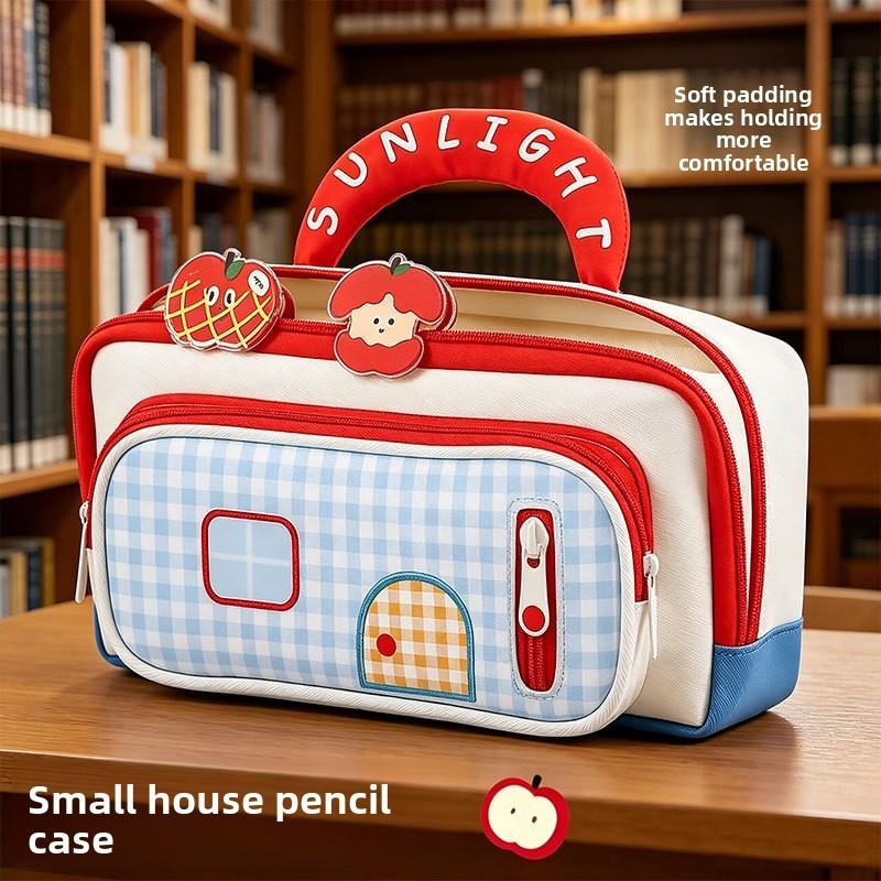 Color Blocks House Pen Case With Large Capacity For Office And School Use