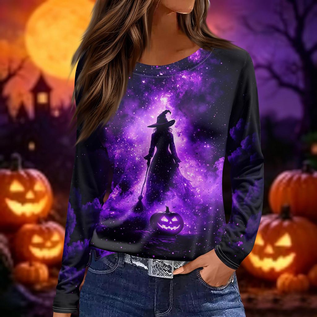 Women's Long Sleeve Neck Halloween Print Top for Festive Occasions