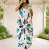 Women Plus Size Round Neck Short Sleeve Abstract Printed Loose Maxi Dress With Side Pockets