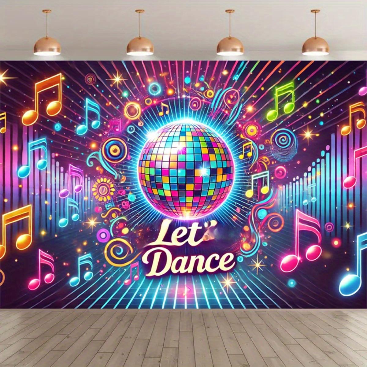 disco ball dance party backdrop, featuring the text Let s Dance , colorful musical symbols and stars 47.2x31.5inch/120*80cm