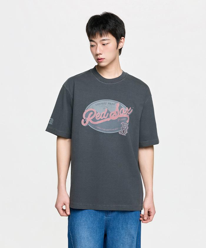 Emelbi Vintage Washed Graphic Short Sleeve T-Shirt Bos (D.Charcoal Grey)