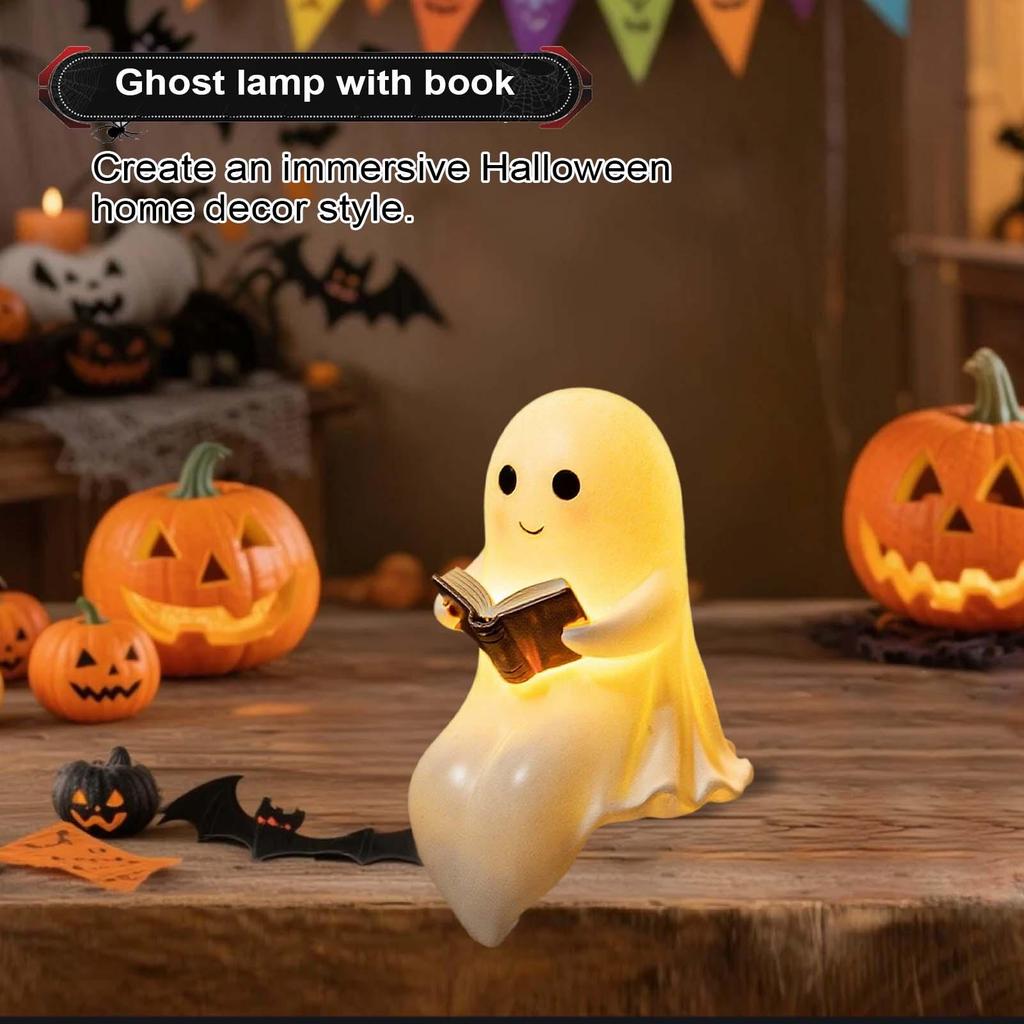 Ghost Reading Lantern Lighted Ghost Figurine Halloween Resin Figurine Tabletop Centerpiece For Bedroom Study Bookshelf Kid's