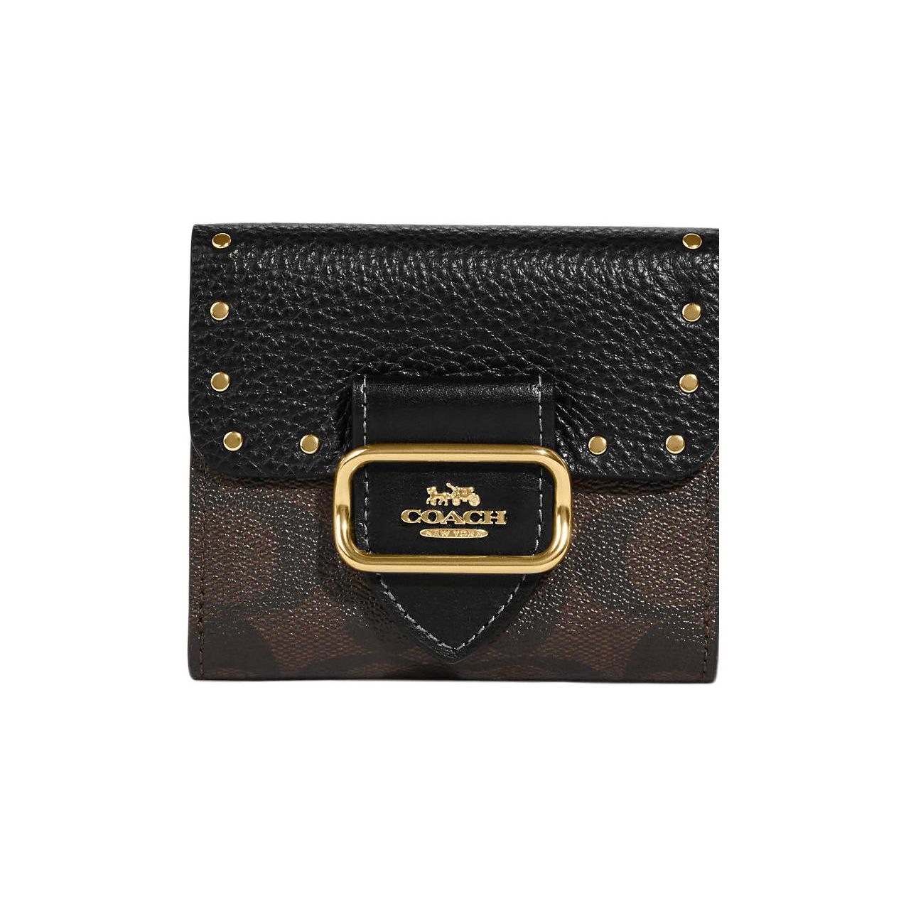 Coach Morgan 11 Classic Monogram Print Snap Closure Coated Canvas And Leather Card Wallet Small Women wallet Brown Black CF471-IMOSN Basic Set (Bag+Dust Bag)