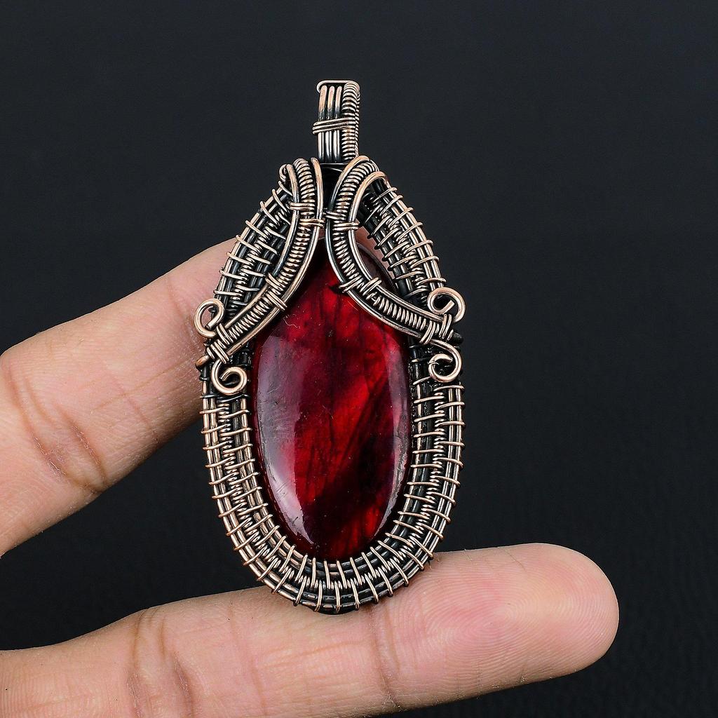 Red Flash Labradorite Pendant, 999 Copper Wire Wrapped Jewelry, Gemstone Jewelry Pendant, Handmade Wedding Gift Jewelry