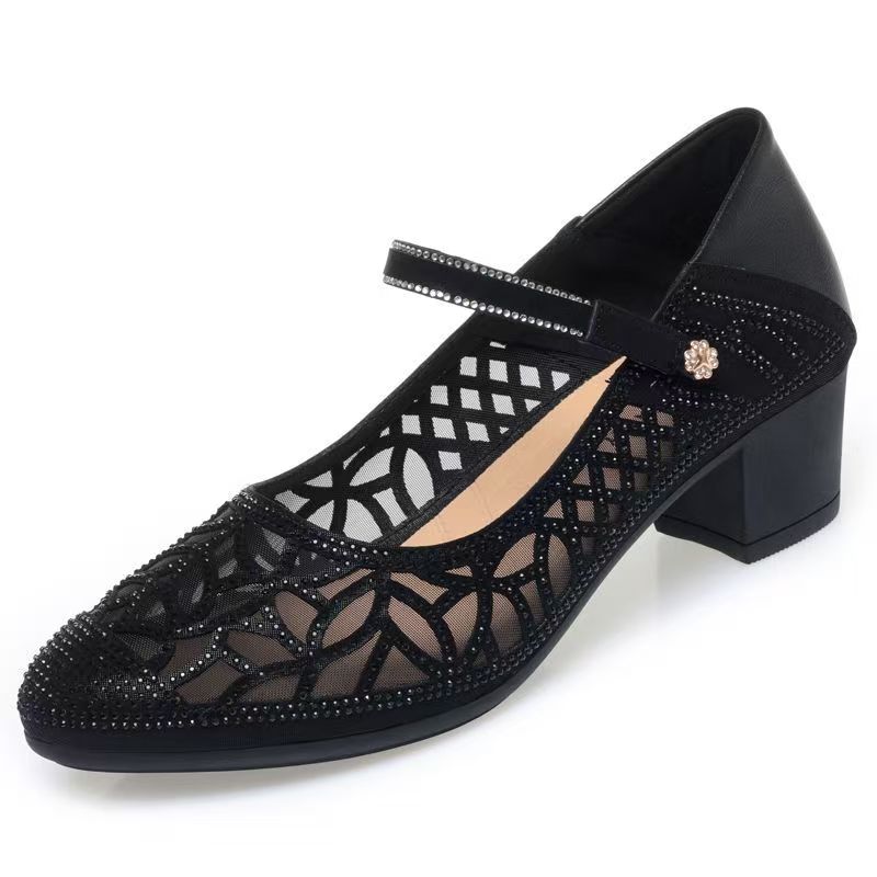Women's Leather Mesh Rhinestone Block Heel Shoes Spring Summer New Round Toe Hollow Out Fashionable Shallow Slip On Sandals