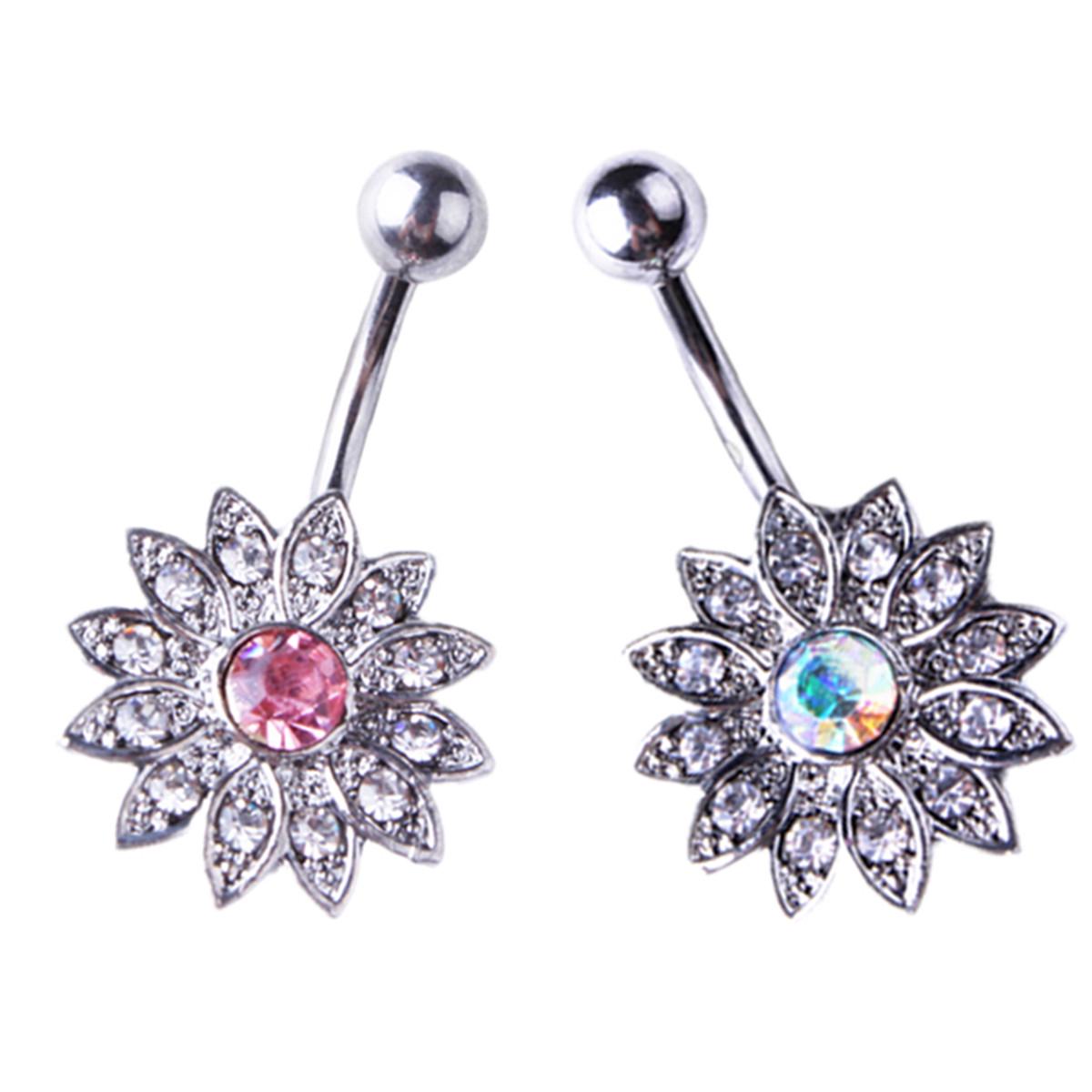 

Navel Ring Women Crystal Rhinestone Flower Navel Belly Buton Ring Bar Ring Body Piercing