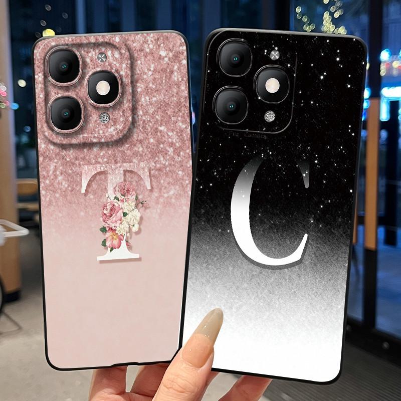 Fashion Design Initial Letter With Flower Pattern Phone Case For Itel A90 Soft Silicone Anti-scratch Black Couple Casing