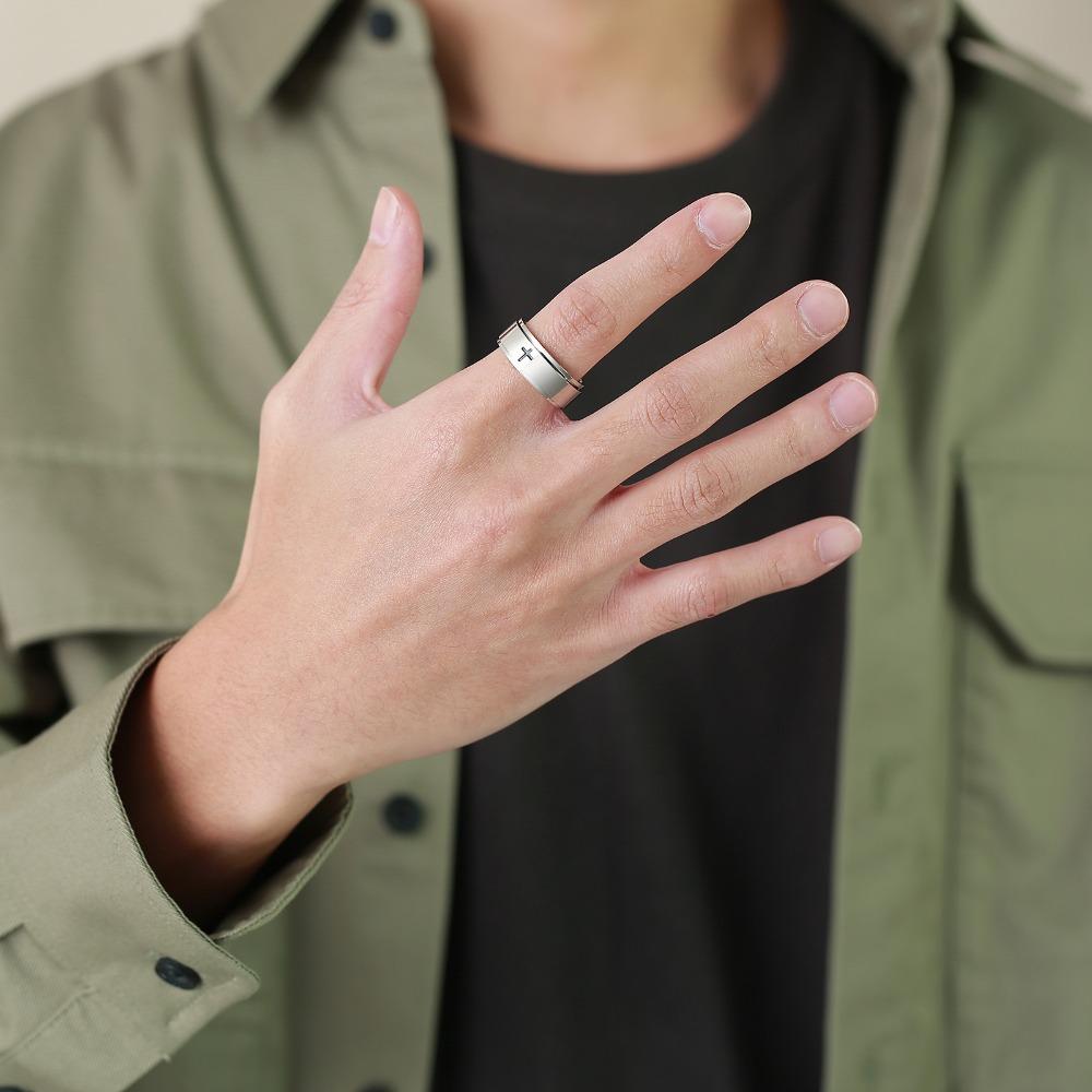 Stainless Steel Laser Engraved Rotating Cross Ring Black Mens Ring