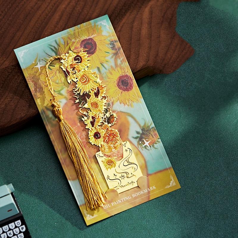 Van Gogh Oil Painting Style Bookmark Vintage Metal Book Page Book Decoration Tassels Bookmarks Student Office Supplies