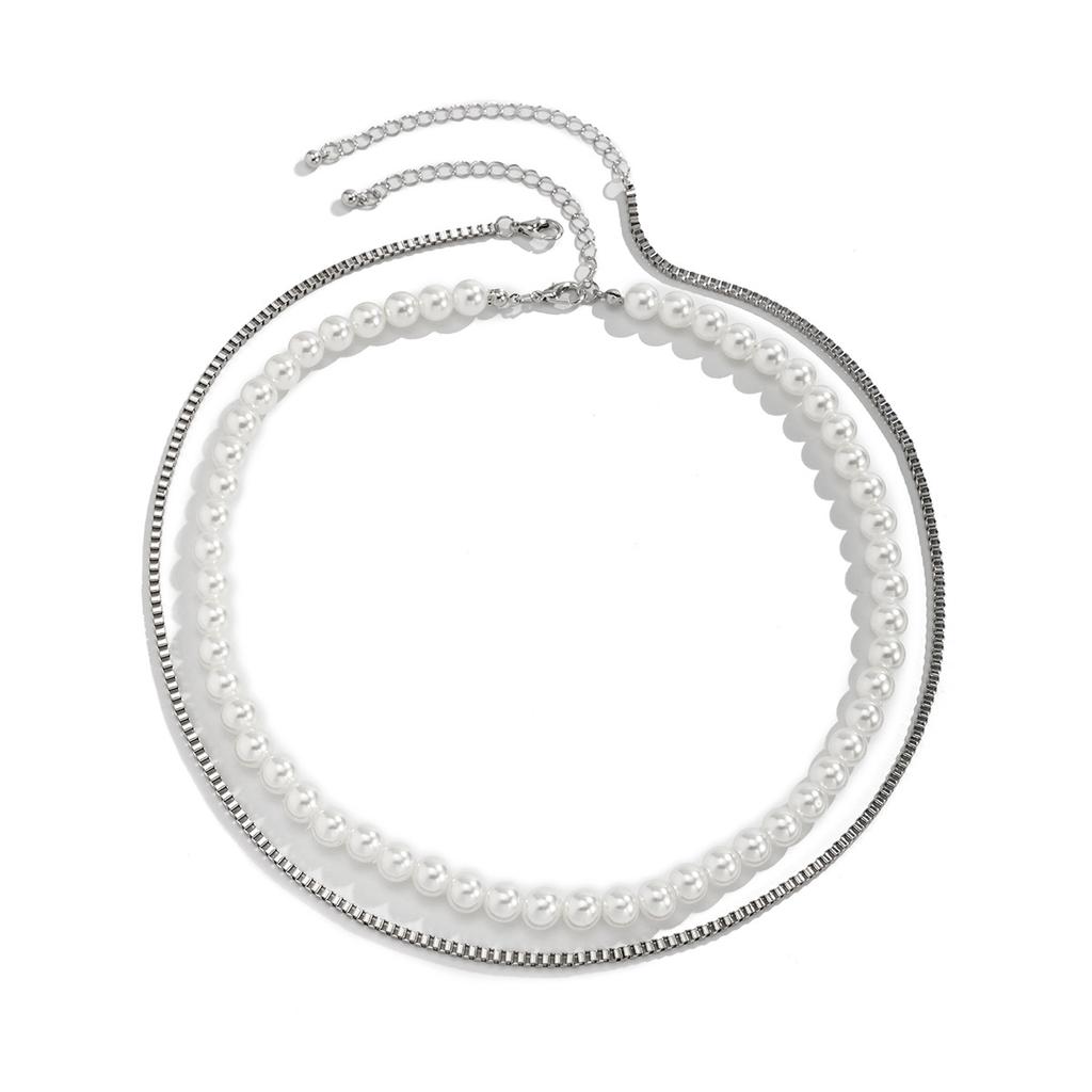 Trendy Hip-Hop Style Geometric Box Chain Layered Imitation Pearl Double Layer Necklace Fashionable Personality Men's Necklace