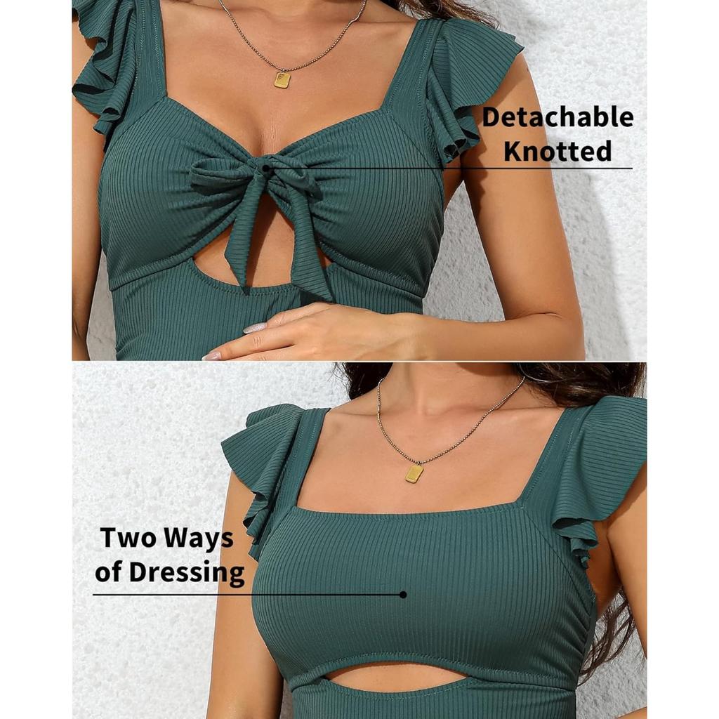 CHARMLEAKS Umstandsbadeanzug mit Rüschen für Damen, gerippter Umstandsbadeanzug mit Knoten, Cutout, gerüschte Schwangerschaftsbademode