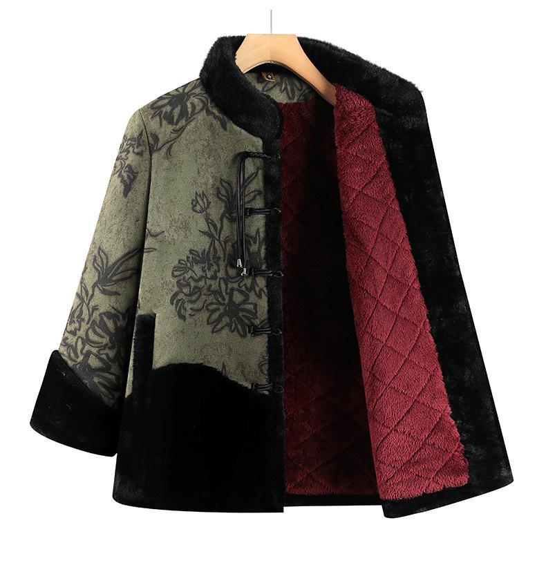 Printed Winter Plush-Lined Stand Collar Jacket for Middle-Aged & Elderly Women: Warm, Plus Size, Frog Button Cotton Coat
