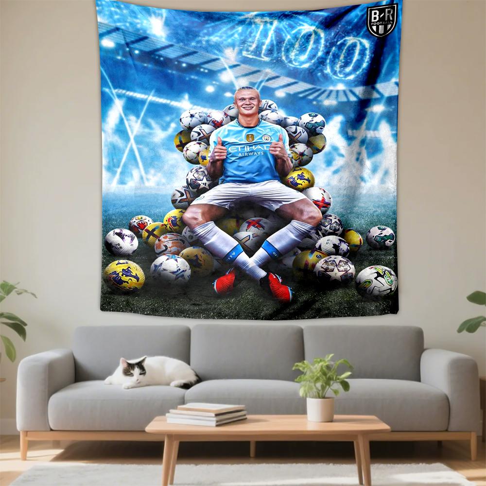 Wall Hanging Tapestry - Erling Haaland Manchester City 100 Goals Ball Throne Football Poster Fans Decor for Living Room
