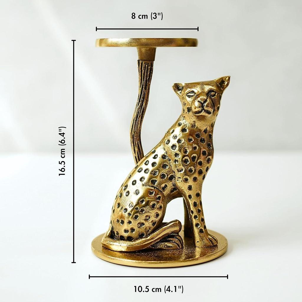 Aluminium Brass Finish Jaguar Pillar Candle Holder Statue | Tabletop Showpiece for Good Luck | Gift Article for Wedding (Candle Not Included)