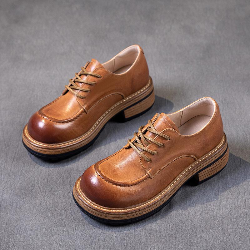 [Heavy Industry] First-layer cowhide loafers for women's autumn 2025 new leather retro lace-up small leather shoes