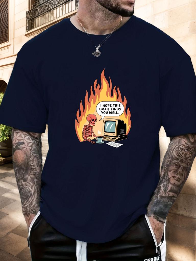 Mens Casual Tshirt Skeleton Flame Email Print Short Sleeve Round Neck Breathable Soft Oversized Humorous Daily Tee