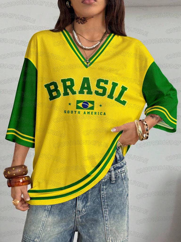 T-shirt Casual Estiva da Donna Y2K con Stampa Grafica Brasileiana Taglie Forti Manica Corta Top Streetwear Maglie a Rete con Buchi