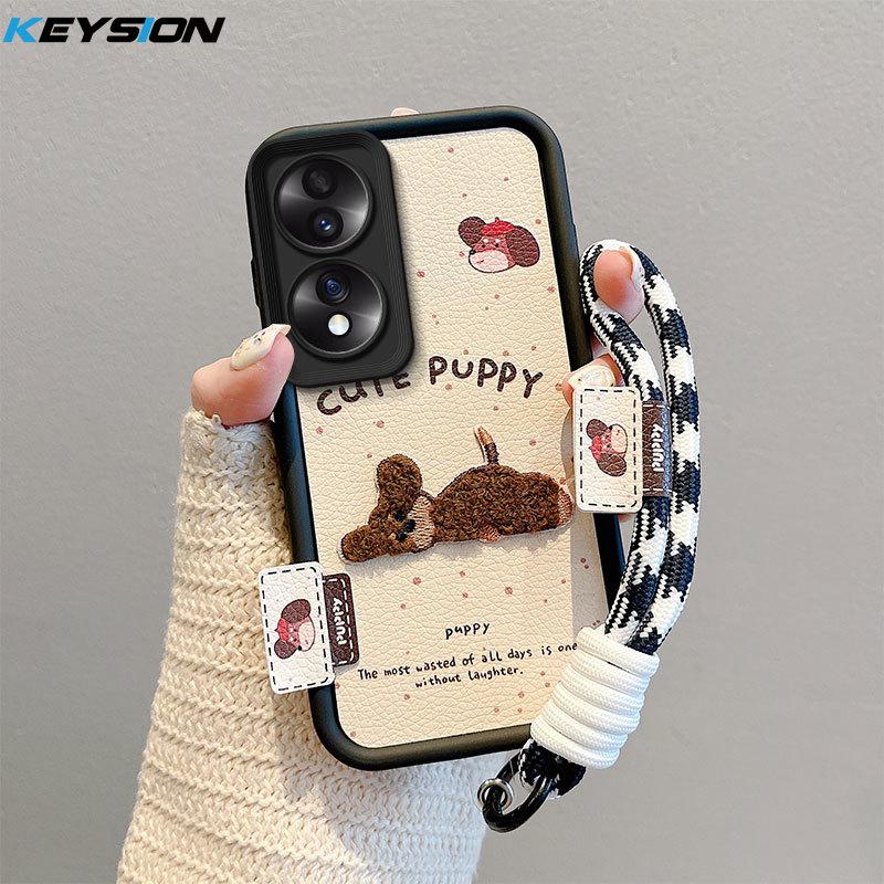 KEYSION Cartoon Cute Plush Embroidery Case for HONOR 70 5G with Lanyard Silicone Shockproof Phone Cover for Huawei Honor 70