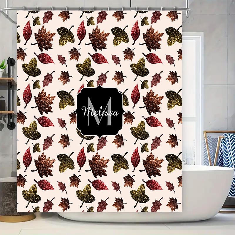 Personalized shower curtain featuring autumn leaves pattern with glittery finish, custom name monogram in black font customizabl 90x180cm