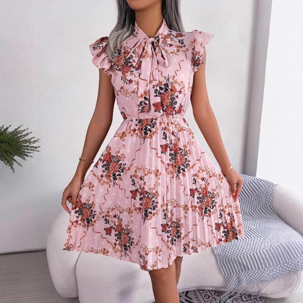 Spring and Summer Temperament Flower Tie Waist Large Swing Pleated Skirt Ladies Fashion Dress Loose Medium Long Skirt