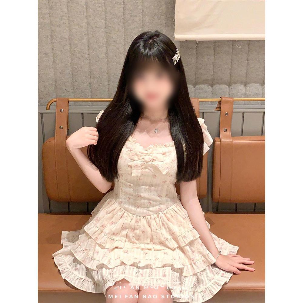 Sweet and hot girl small flying sleeve floral dress woman summer gentle wind waist slimming fluffy cake skirt casual
