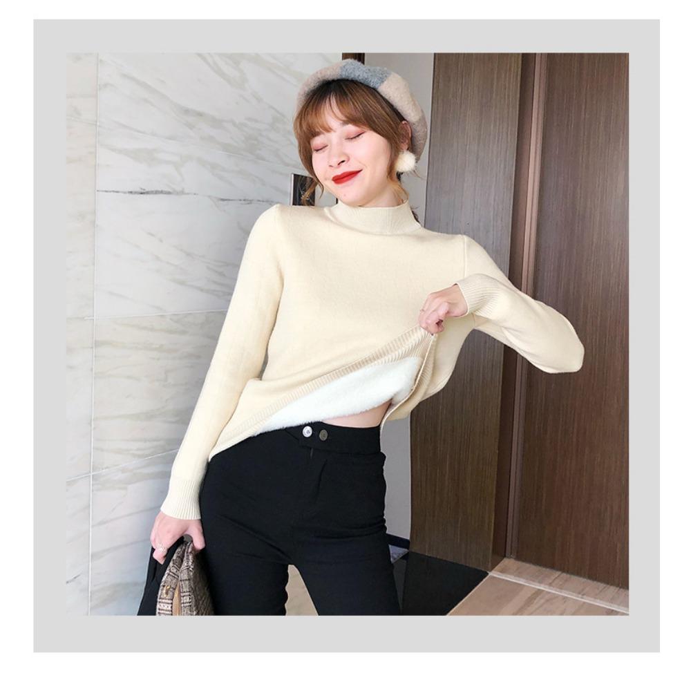 Autumn and Winter Women's Padded Thickened Sweater Single Layer Mid-collar Half-high Neck Knitted Bottoming Shirt Mink Warm Tops