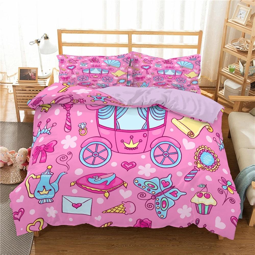Kids Cartoon Duvet Cover Set Full/Queen Microfiber 3D Bedding Set Soft Pink Castle Princess Comforter Cover with Home Textile