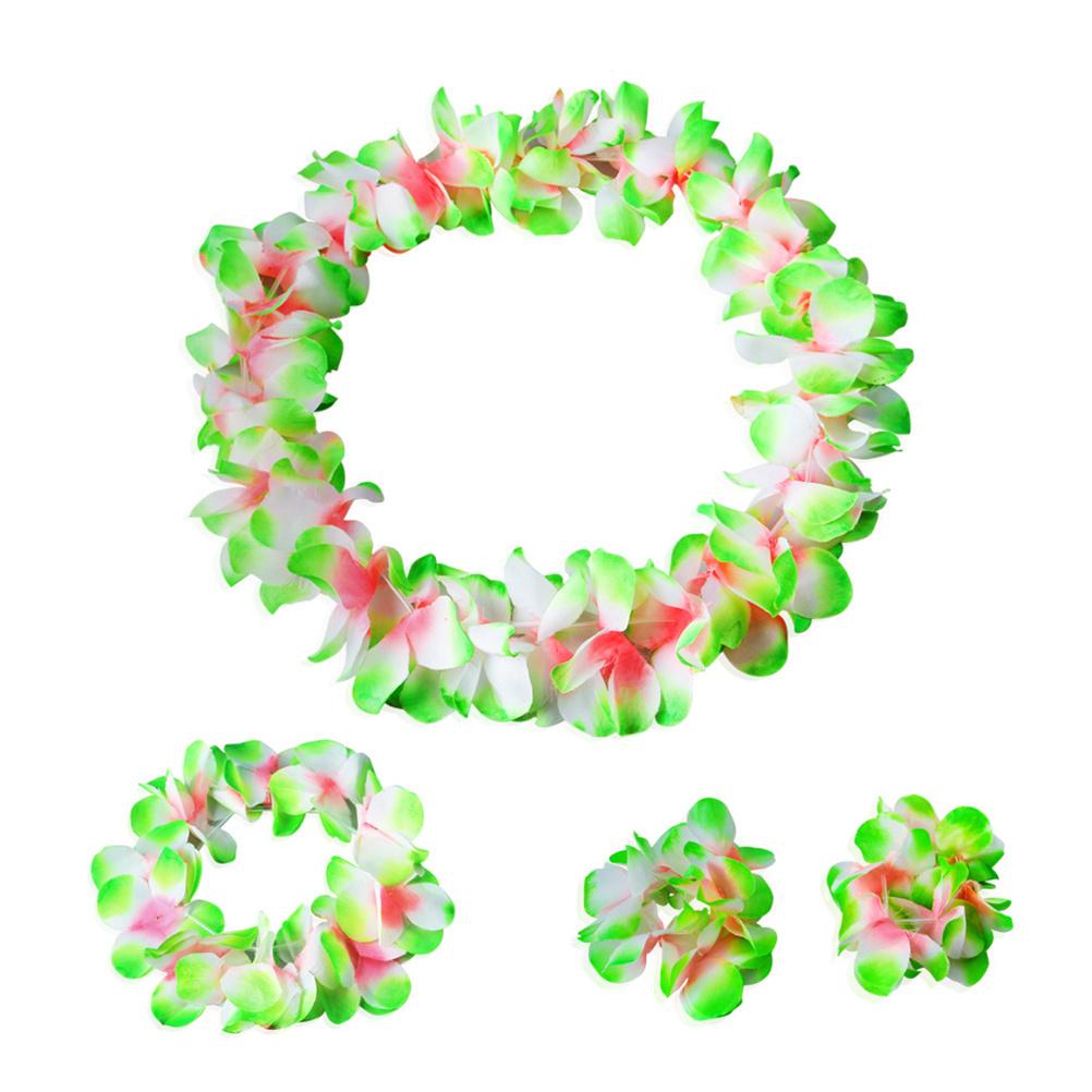 4pcs Flower Garland Set Simulated Silk Hawaiian Leis Necklace Bracelets Wreath Headband For Women Girls Luau Party Travel