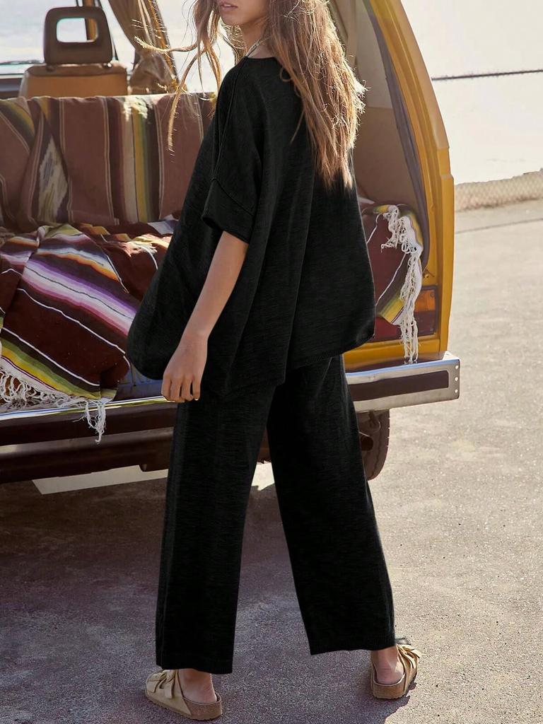 Women's Two Piece Travel Lounge Set Short Sleeve Knit Pullover and Wide Leg Pants Tracksuit