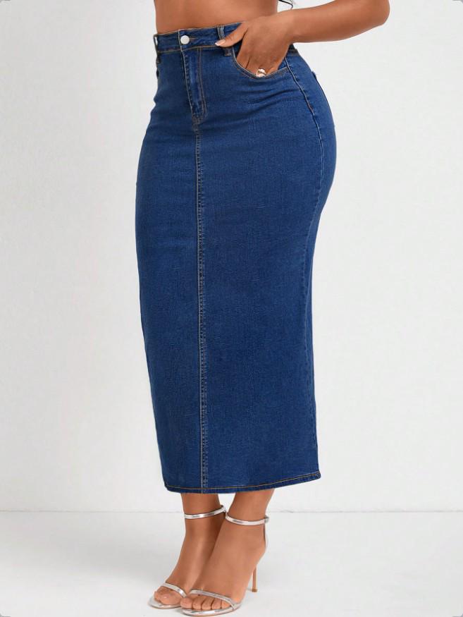 High-Waisted Slimming Denim Midi Skirt with Slit