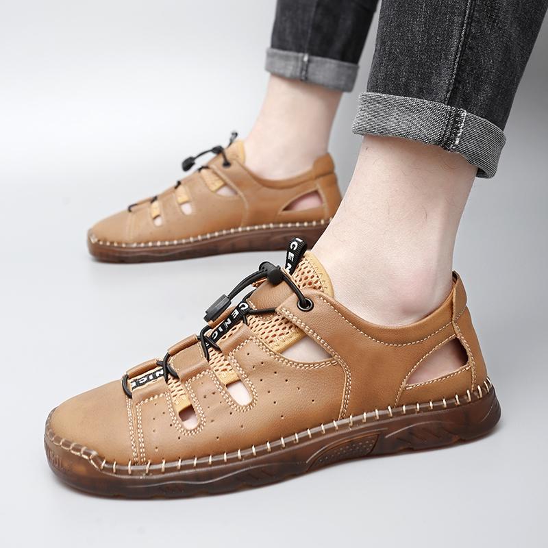 Outdoor Men Sandals Summer Genuine Leather Mesh Walking Casual Sandals Non-slip Hiking Trekking Shoes Beach Mens Shoes Big Size