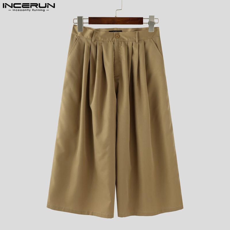INCERUN Men Zip-up Waist Solid Color Casual Loose Cropped Straight Pants
