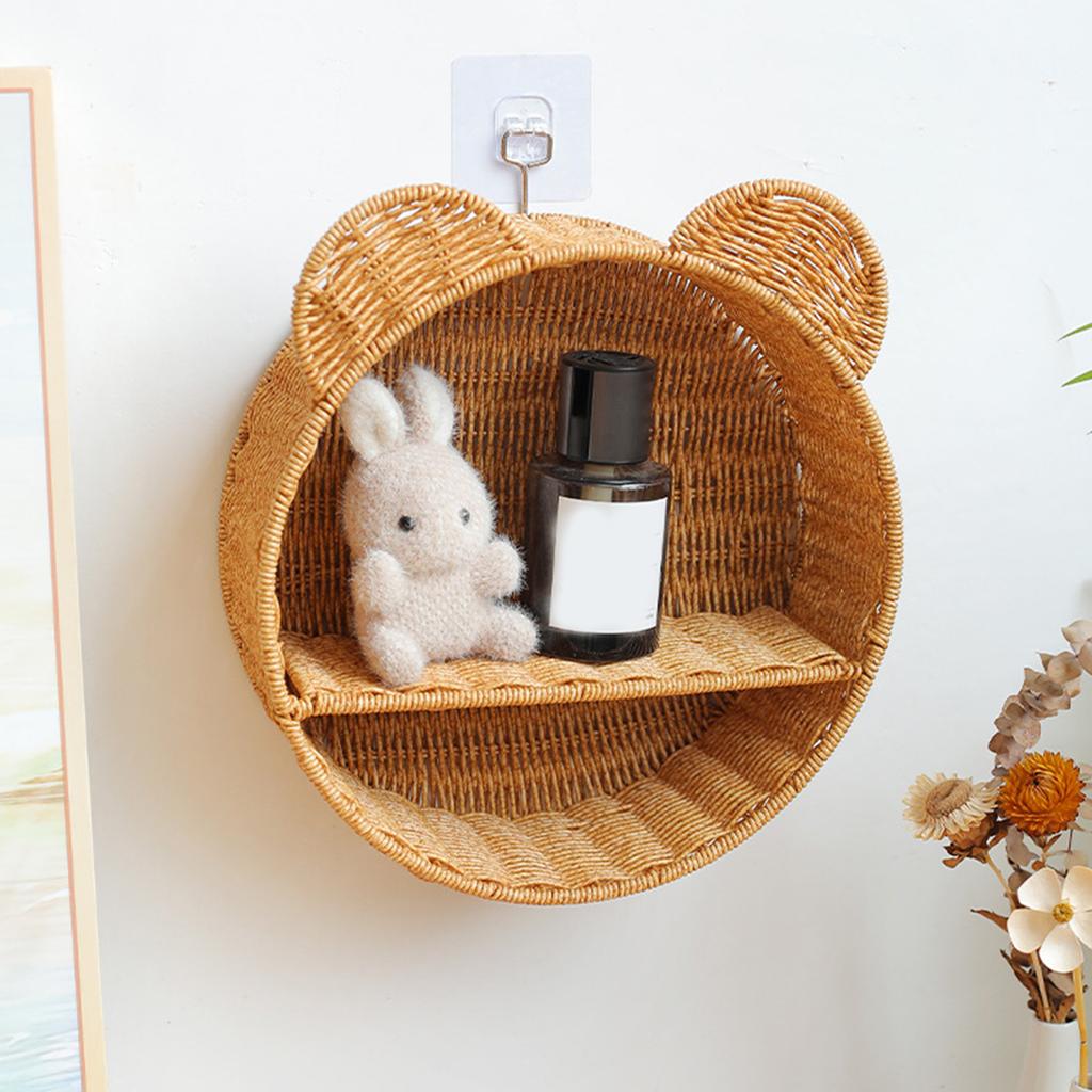 Cartoon Styles Sturdy Rattan Wall Mounted Storage Shelf with Bear Ears Designs for Organizing Accessories and Toy