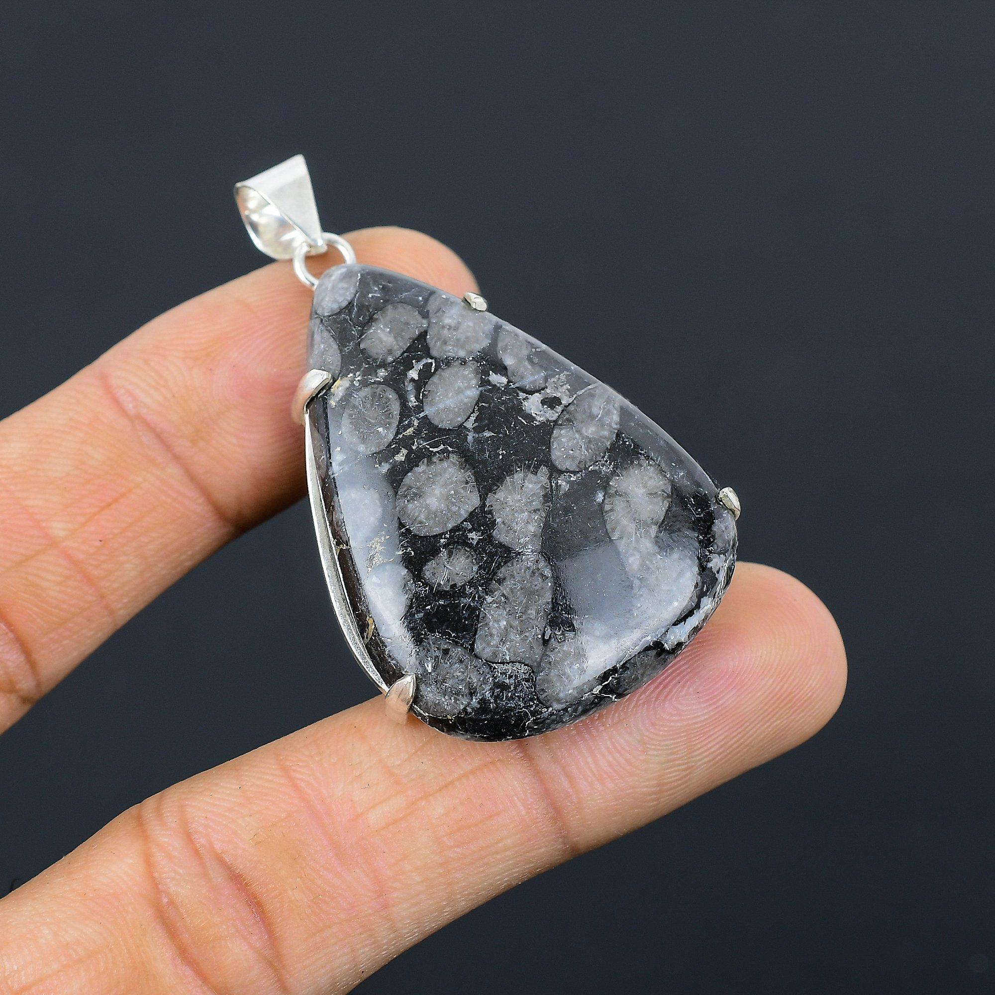 

Mothers day Sale 925 Sterling Silver Pear Black Fossil Coral Stone Boho Pendant