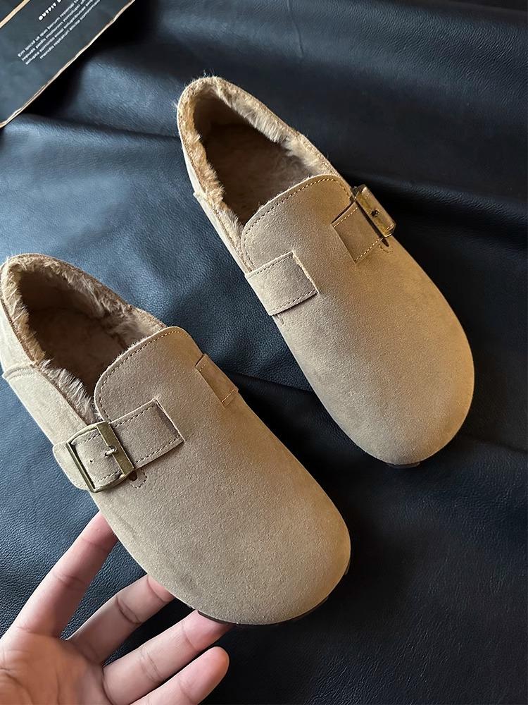 Birkenstock Shoes Women's 2025 New Winter Velvet All-inclusive Leather Spring and Autumn Single Shoes Flat-bottomed One-pedal Doudou Shoes Cotton Sho