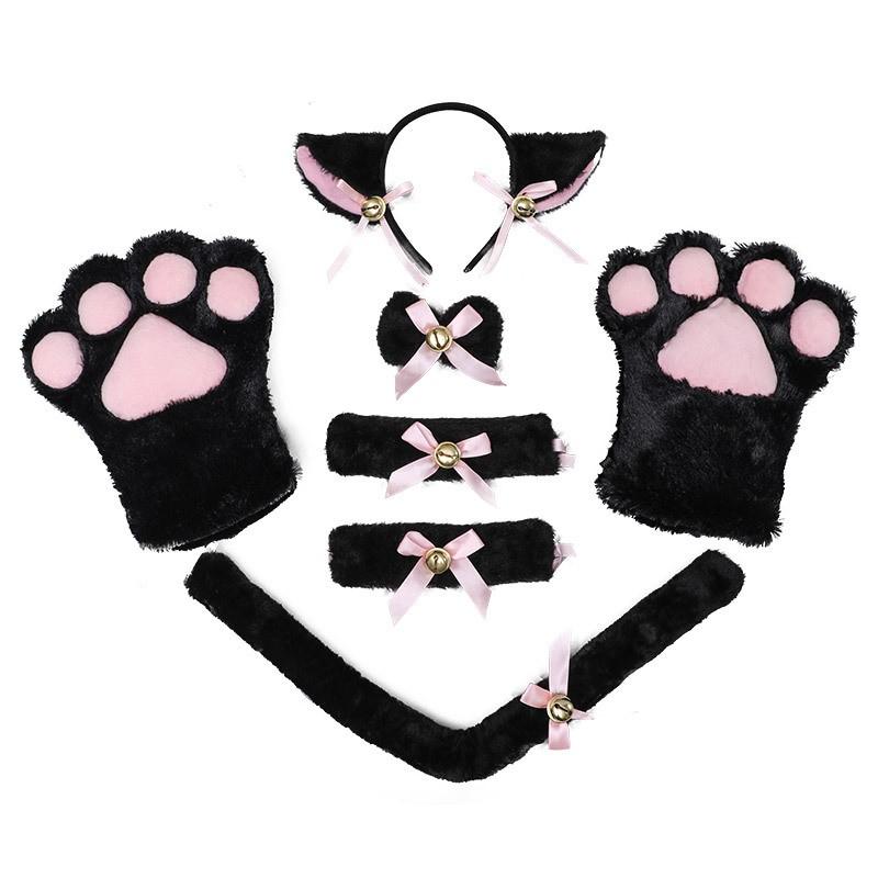 Handmade Cat Ear Headband Set With Paw Gloves Tail Kids Costume Party Animal Role Play