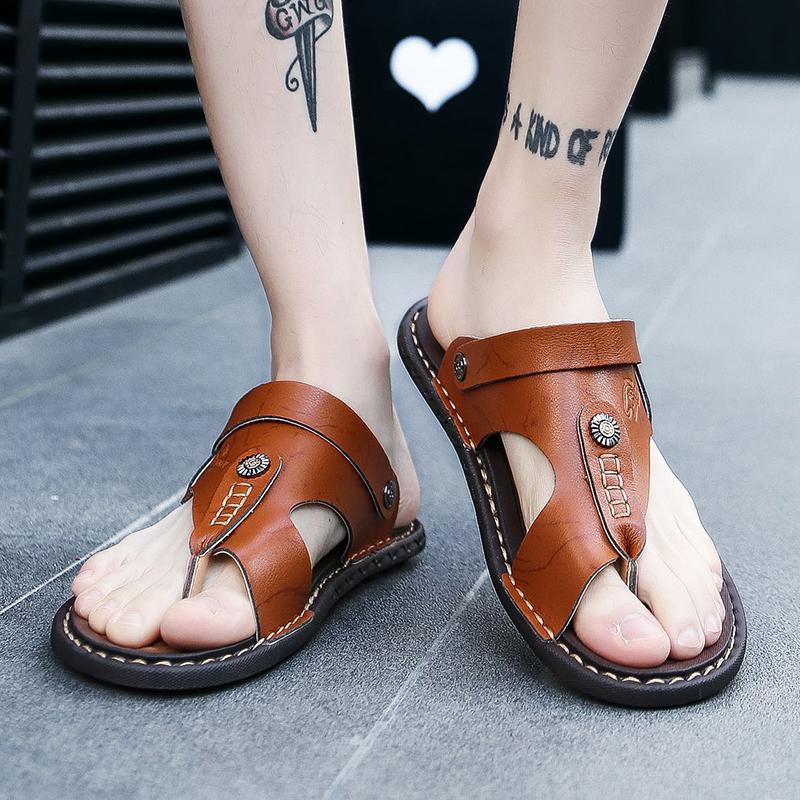 2024POLALI Men'sgenuine Leather Two-layer Leather Men's Beach Sandals  Casual Shoes Flip Flops Sports Shoes Summer Slippers
