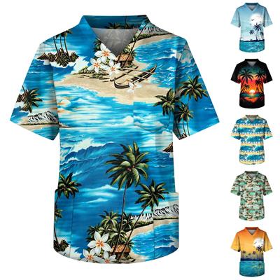 Men's Short Sleeve V-Neck Summer Print Chest Pocket Care Worker Top
