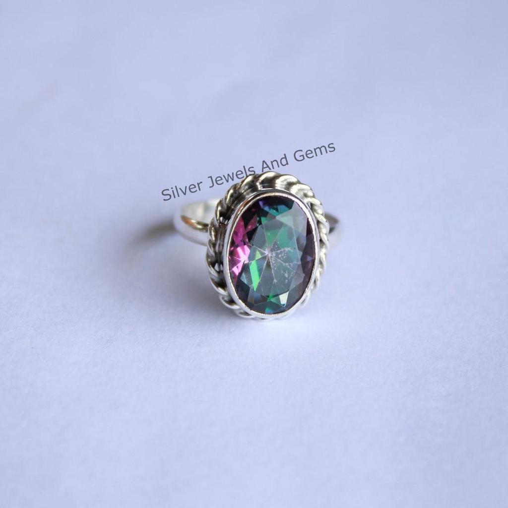 Rainbow Mystic Topaz Ring, Solid 925 Sterling Silver, Handmade Ring, Oval Topaz Designer Ring, Boho Ring, Gift for Mother