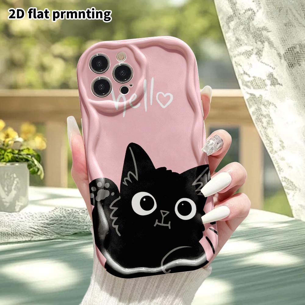 Phone Case: 2D Flat Design Suitable for iPhone 18 17 16 15 14 13 Pro Protective Case, Pink Background with Little Black Cat, Perfect Christmas and Hal