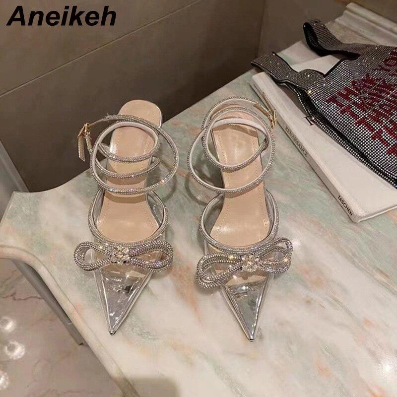 Aneikeh 41 42 PVC Stil Glitter Strass Frauen Pumpen Kristall Bowknot Satin Dame Seide High Heels Party Schuhe 2023 Frühling NEUE