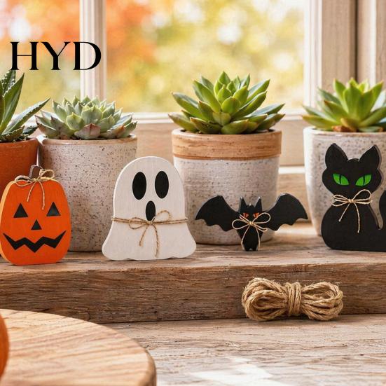 Wooden Halloween Decorations 6Pcs Tiered Tray Decor, Ghost Black Cat Mummy Figurines, Pumpkin Witch Set Hat Bat Ornaments for Shelf Table, Party