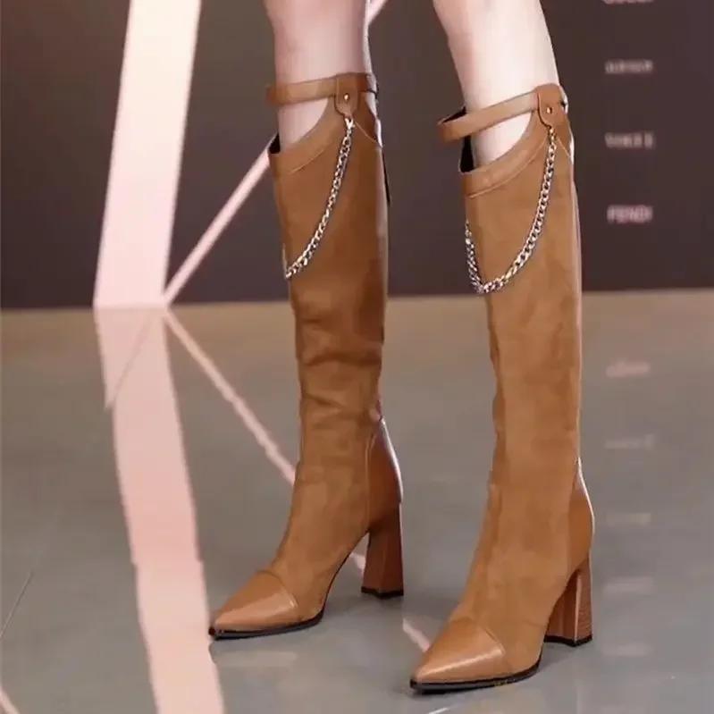 Middle Heel Ladies Knee High Shaft Shoes New In Large Size Warm Footwear Designer Luxury Spring Autumn 2024 Women's Long Boots