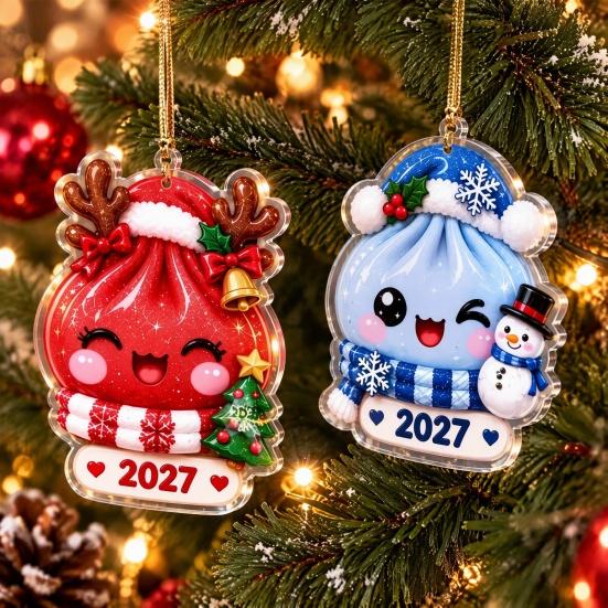 Holiday Gift for Kids 2027 Christmas Bun Ornament, 2D Flat Acrylic Steamed Pendant Small Tags with Hanging String Tree Door Bag, Atmosphere Decoration