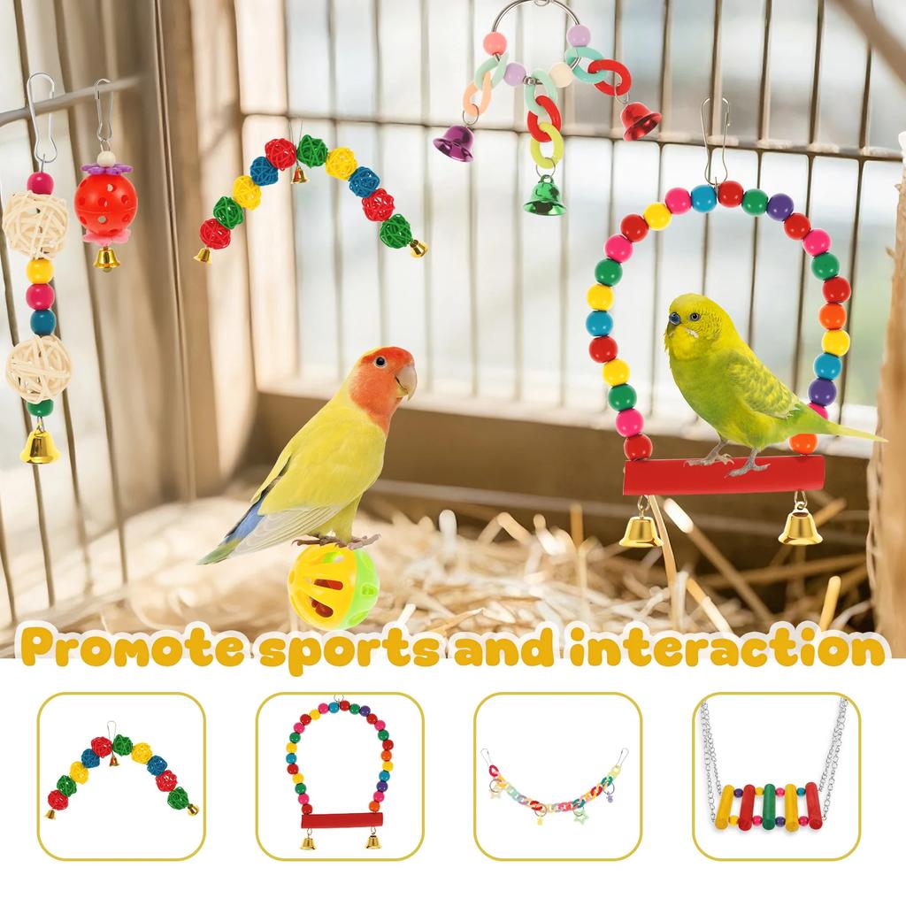 13Pcs Parrot Toy Set Wooden Assorted Style Combination Bird Toys Swing Chewing Training Toys Pet Supplies Bird Cage Accessories
