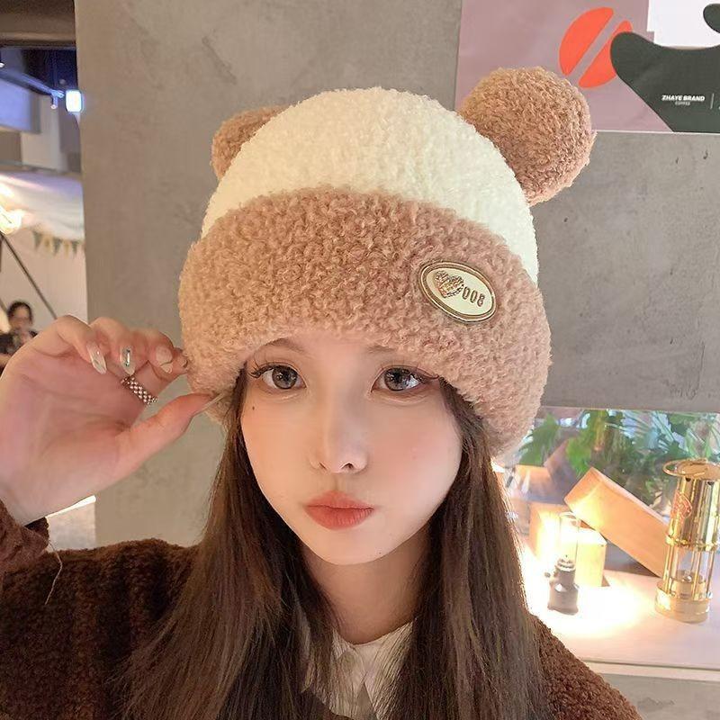 Knitted autumn and winter fleece thickened warm children's winter hairball ear protection wool hat big head circumference plush hat