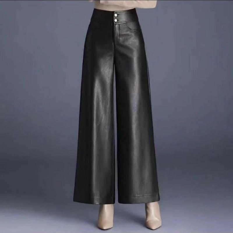 Women Autumn High Waist Faux Leather Wide Leg Pants