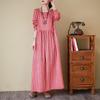 Spring Floral Vacation Style Travel Round Neck Retro Long Skirt with Meat Covering Cotton Linen Dress